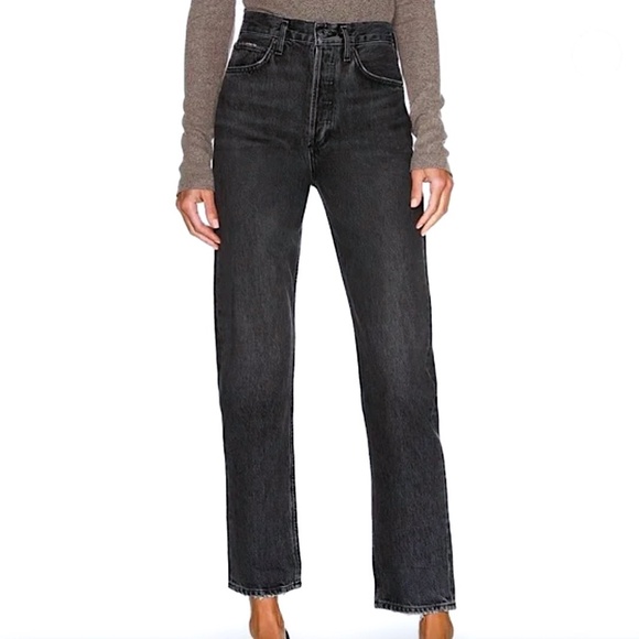 AGOLDE 90s Pinch Waist High Rise Distressed Jeans Straight Leg Black Wash - Picture 1 of 15